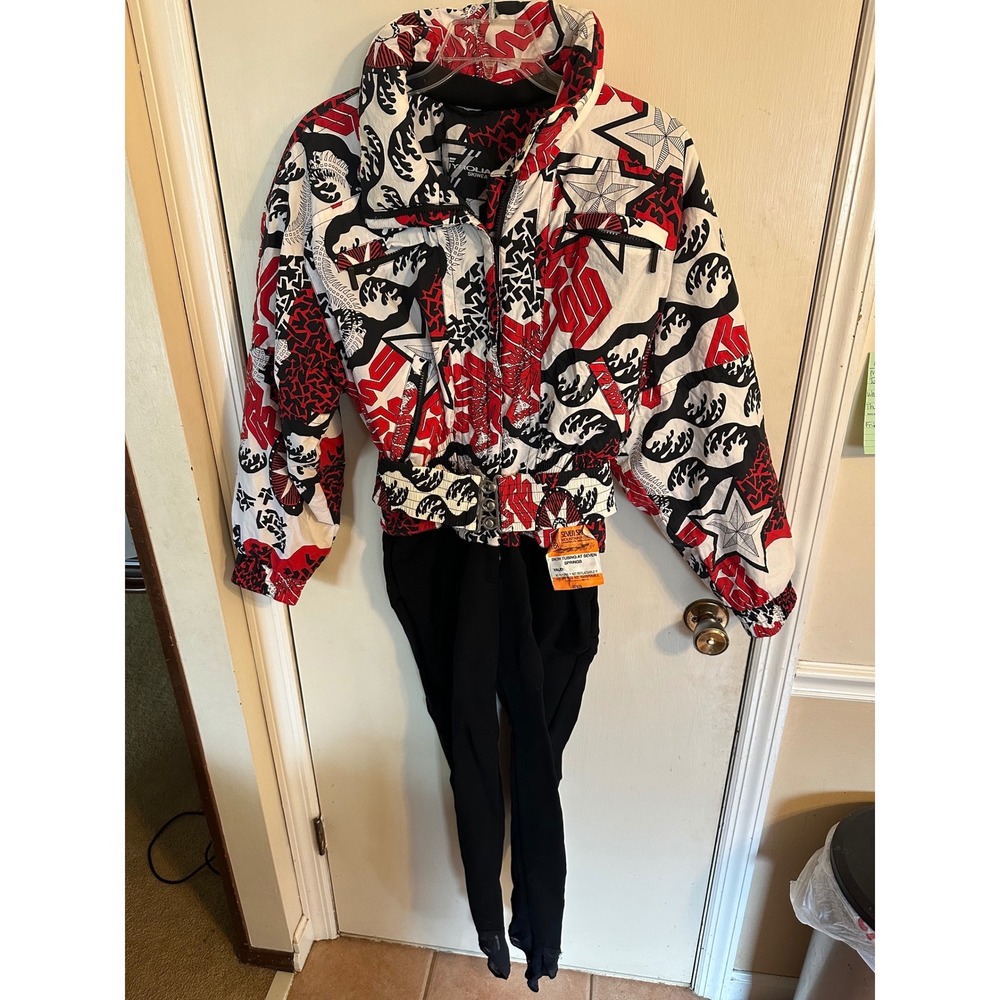 Vintage Tyrolia by Head Ski Suit Women 12 Red Black Graphic Jacket Stirrup Pants - Picture 3 of 15